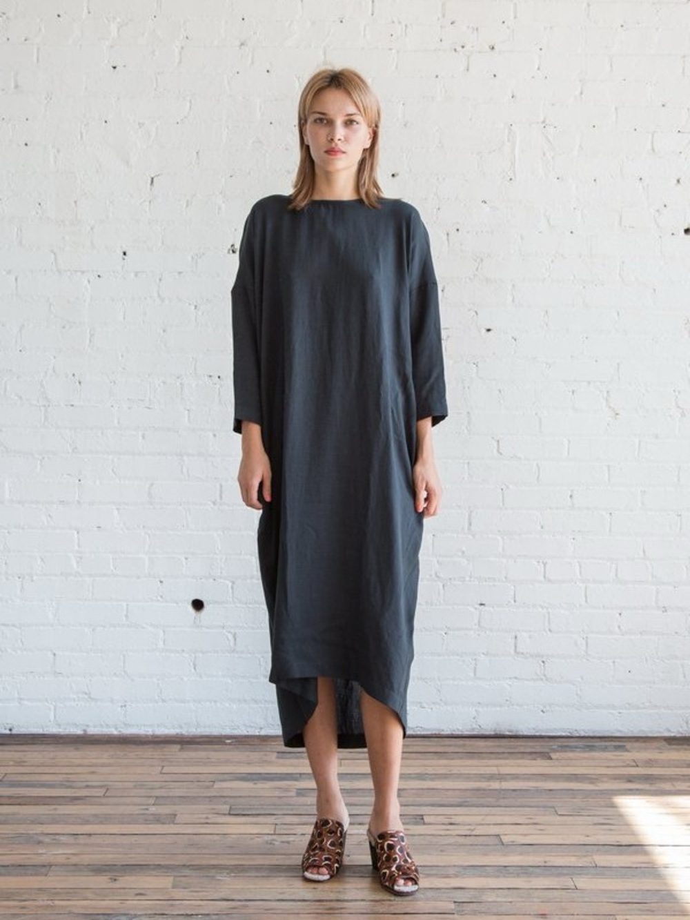 Black Crane Linen Cocoon Midi Dress Size S